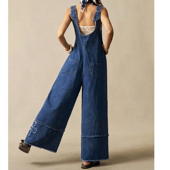 Boho Dark Wash Floral Patchwork Wide leg Denim Bib Overalls Jumpsuit - Picture 6 of 6